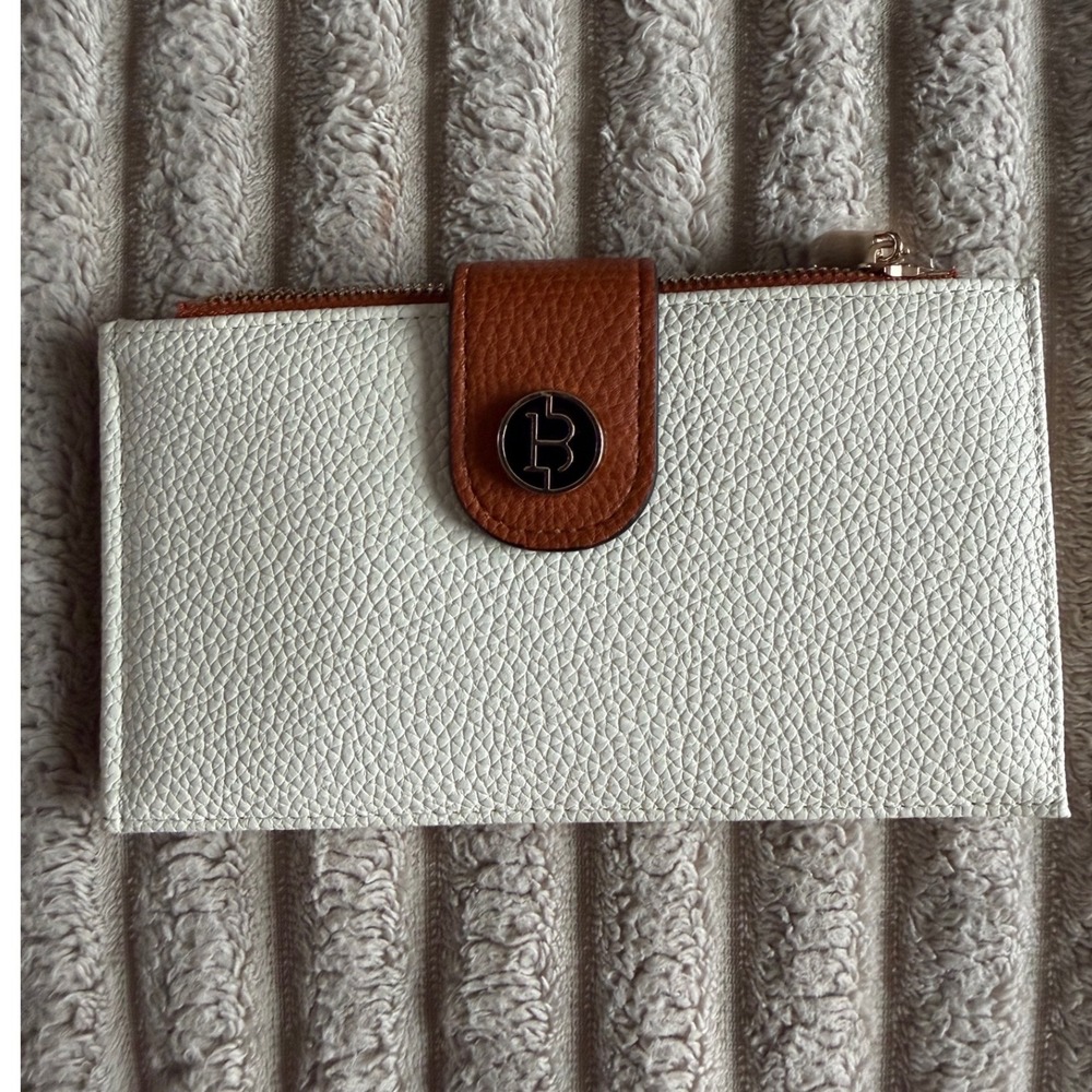 Bostanten Slim Bifold Wallet Cream Cognac Pebbled Vegan Leather Zip Card Case